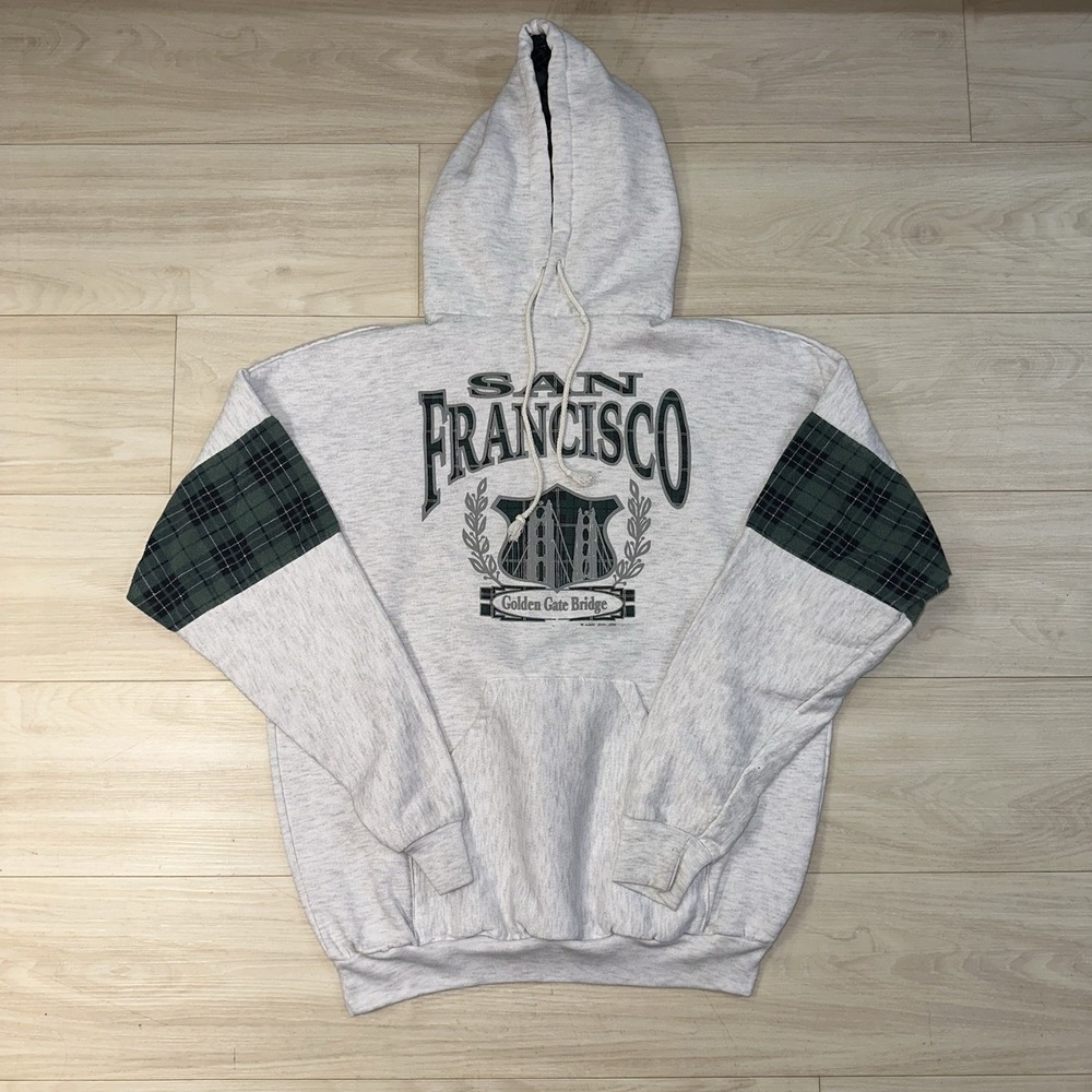 VTG San Francisco Hoodie w/ Plaid Sleeves White & Green Made In USA GGB 90s